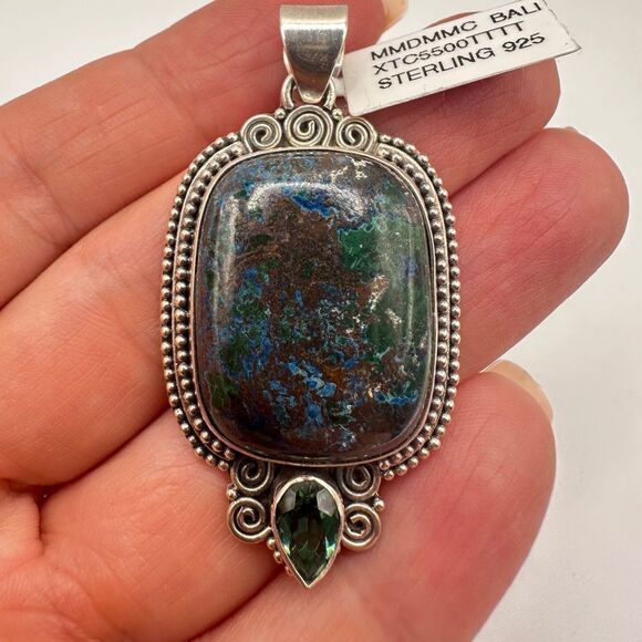 NWT Azurite and Green Quartz in Bali Sterling Silver Pendant! - Picture 10 of 12